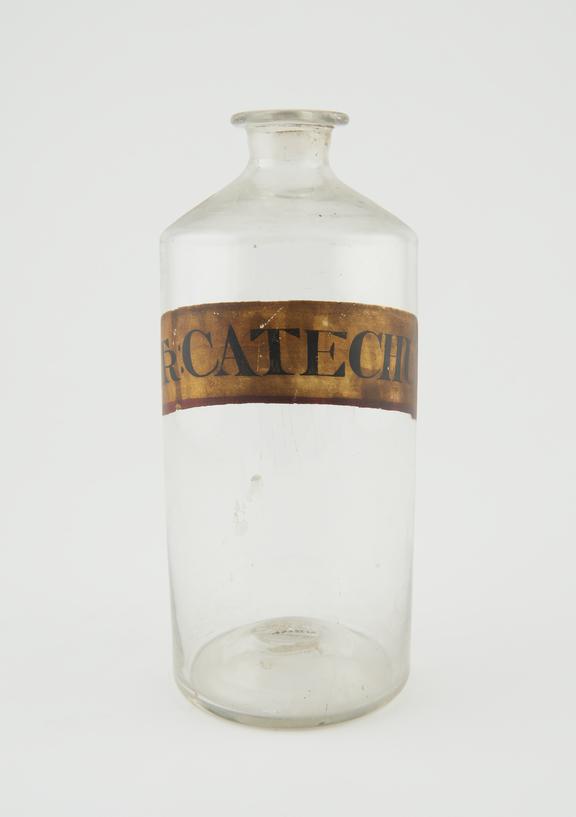 Bottle, clear glass, empty, for tincture of catechu, English