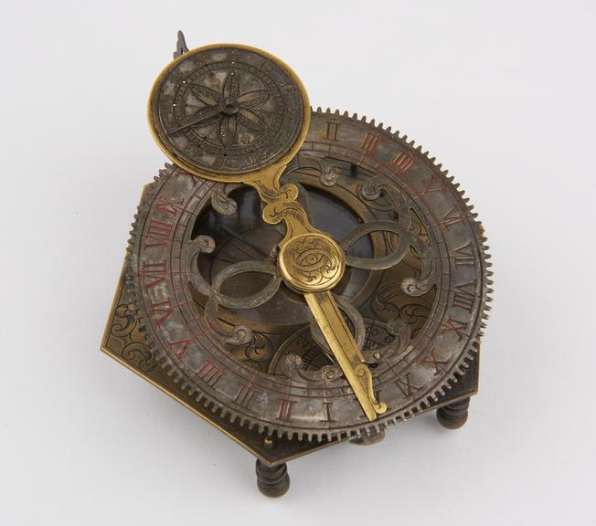 Mechanical equinoctial sundial, silvered and gilt, in case