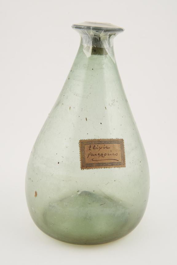 Pear-shaped blown glass bottle with cork stopper for 'Elixir