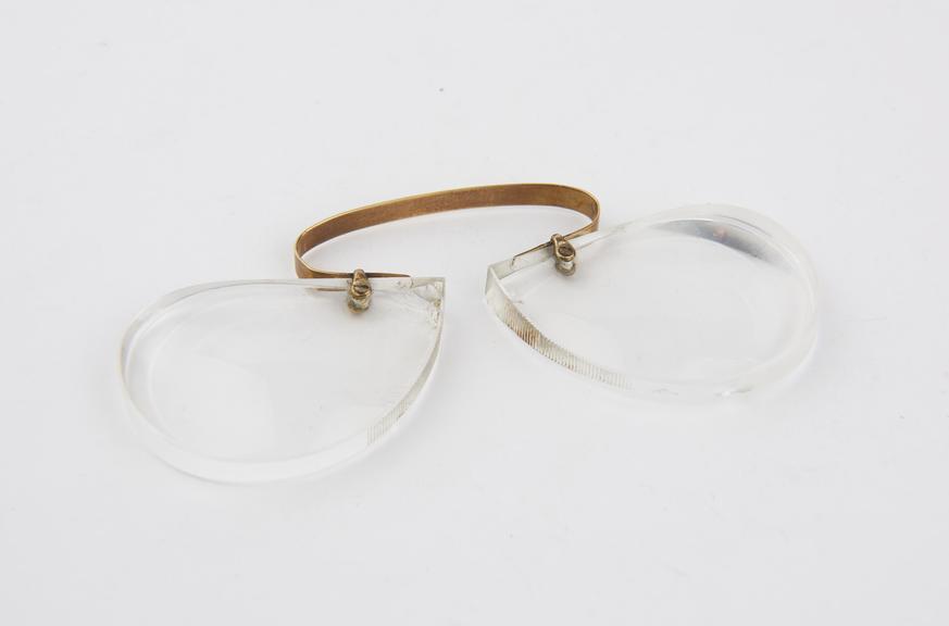 Pince-nez nose spectacles with rimless tear-drop lenses and