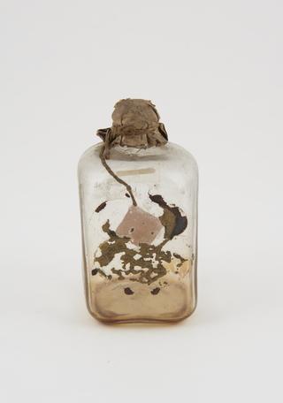 Glass bottle, cork bung, label worn off