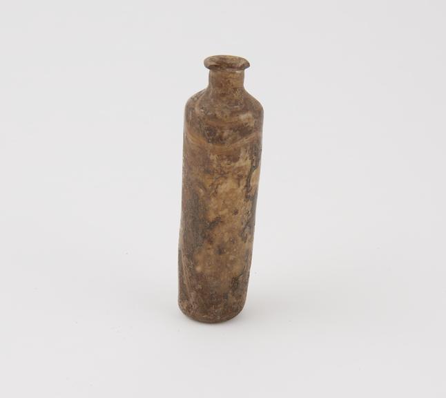 Semi-iridescent glass bottle, cylindrical, pontil mark on base