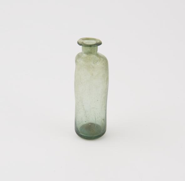 Green glass bottle, cylindrical, pontil mark, hand blown