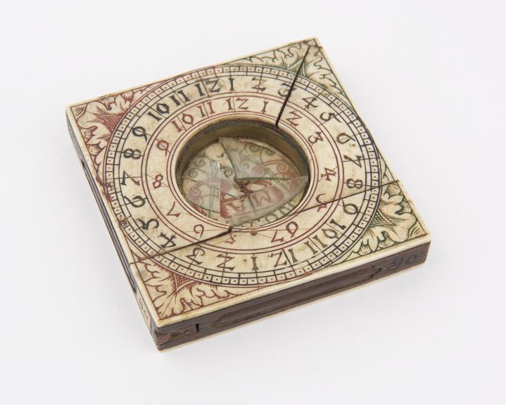 Quadrangular horizontal sundial, ivory, engraved and coloured