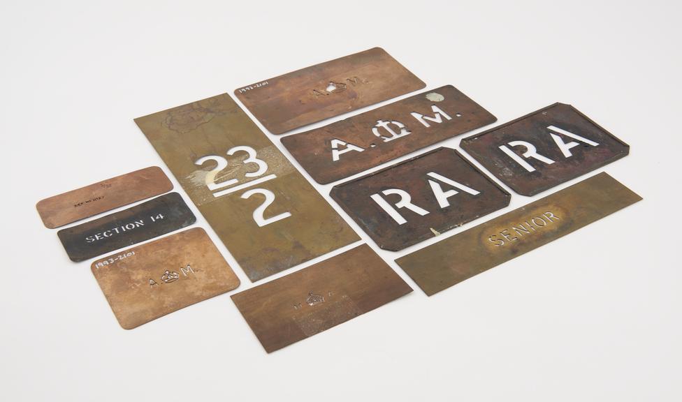 Set of ten metal stencils as used at the RAE.