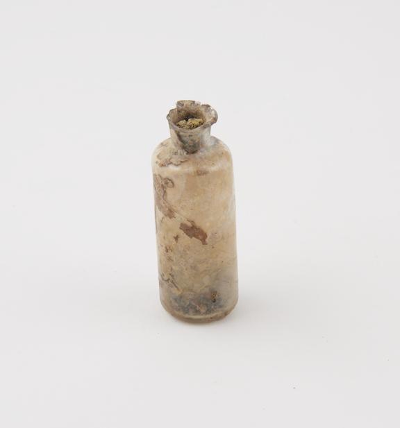 Iridescent glass bottle, cylindrical, pontil  mark on base