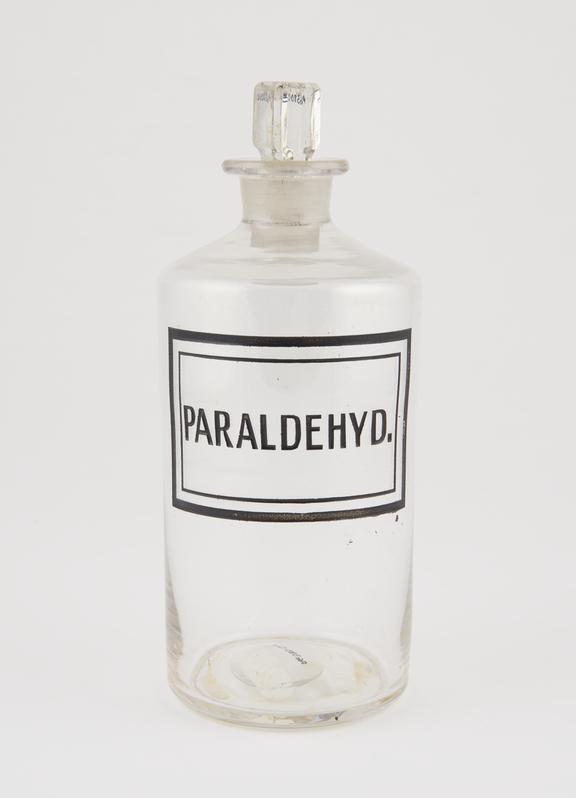Bottle, shop round, clear glass, used for paraldehyde