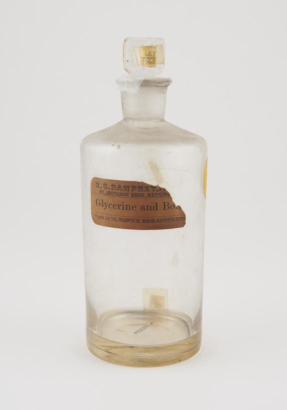 Bottle, clear glass, trace contents, for glycerine and borax