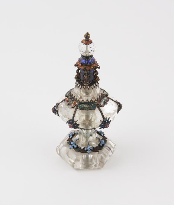 Crystal perfume bottle, ornately decorated with enamel and gems