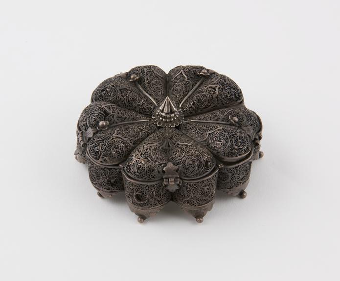 Silver pomander, in the form of a circular box