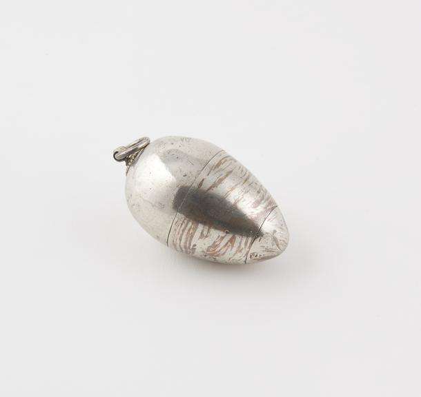 Silver container, probably a pomander or patch box, egg-shaped