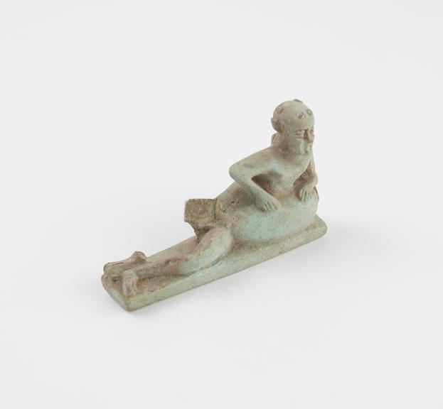 Green faience phallic figure, broken, Egyptian, 300BC-300