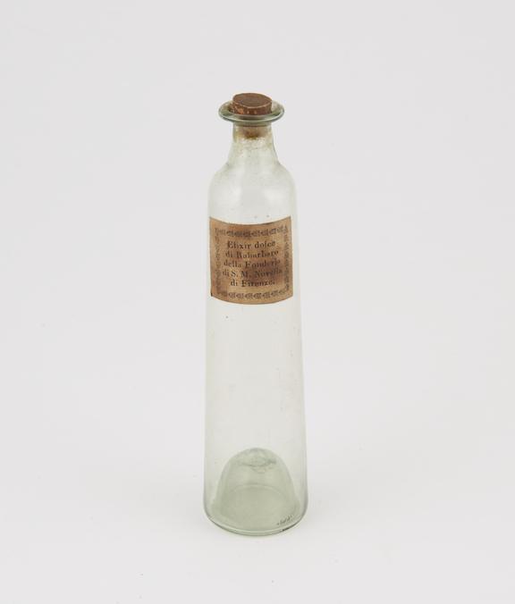 Green glass bottle for elixir of sweet rhubarb, empty