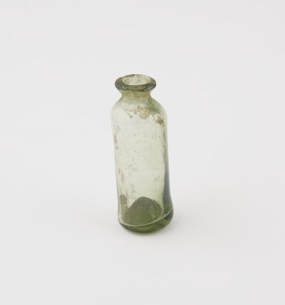 Green glass bottle, cylindrical, pontil mark, hand blown