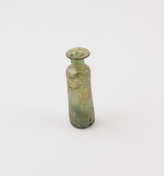 Small green glass bottle, iridescent, cylindrical, pontil mark