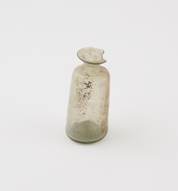 Light green glass bottle, cylindrical, pontil mark