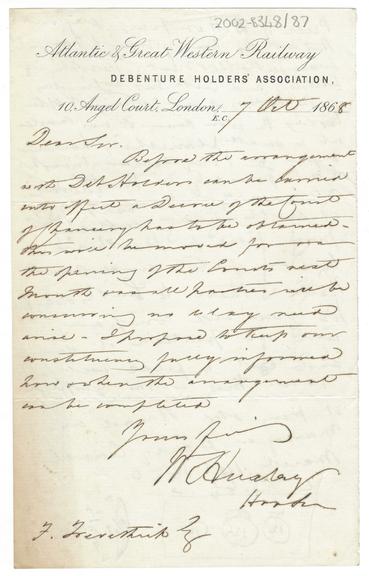 Letter from Francis Trevithick to W. Huxley Hook [?] of Atlantic and Great Western Railway