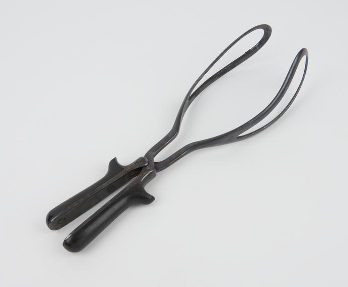 Forceps, obstetrical, Oldham, plated steel and ebony, by S