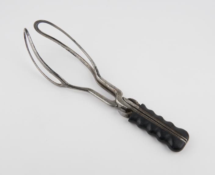 Forceps, obstetrical, Barclay, steel and ebony, by S