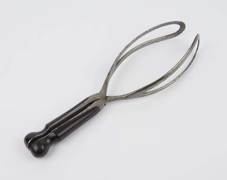 Forceps, obstetrical, Denman, steel and ebony, mid 19th century