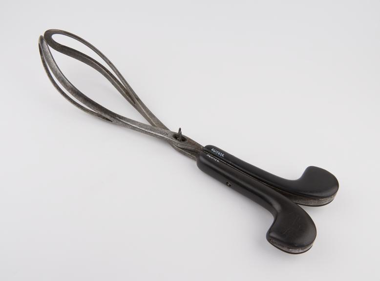 Forceps, obstetrical, steel and ebonite, by Sirhenry, French