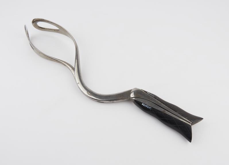 Forceps, obstetrical, steel and wood, by Nyrop of Copenhagen