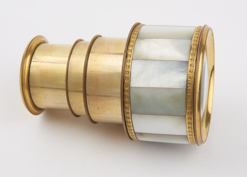 Four draw gilt brass spyglass decorated with mother-of-pearl