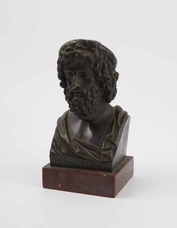 Bronze bust of Aesculapius, on marble base, by Chardigny, 1851