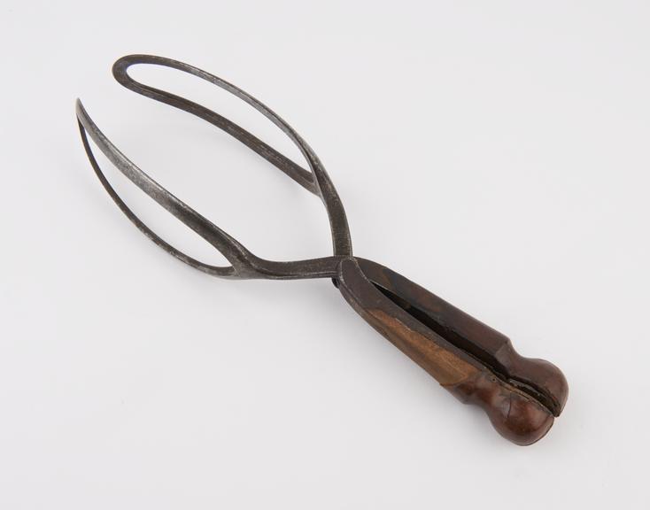 Forceps, obstetrical, Haighton, steel, wood and leather