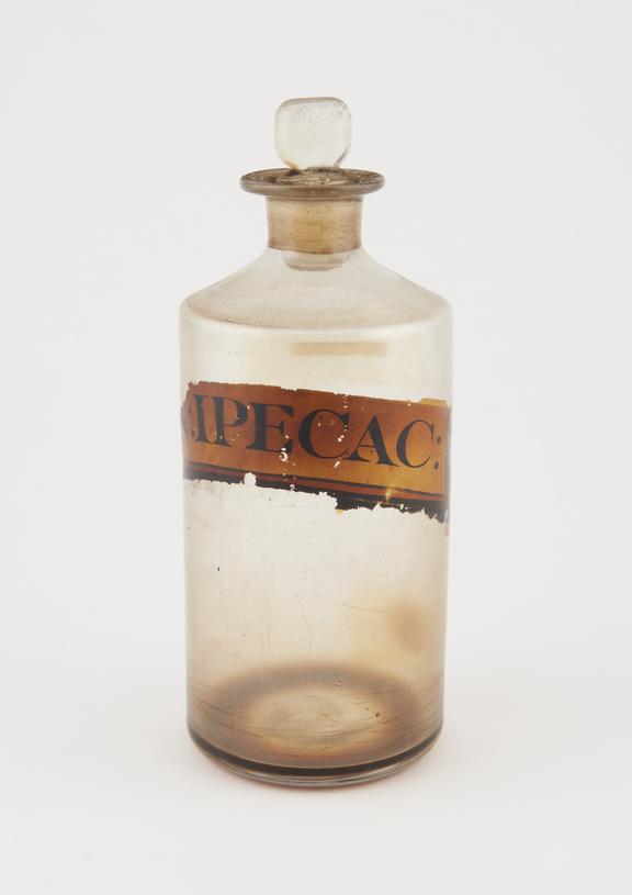 Shop round, clear glass, used for ipecac, English, 19th century