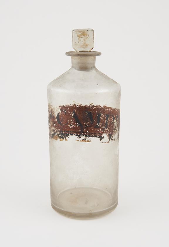 Bottle, clear glass, empty, for spirit of comphor, English