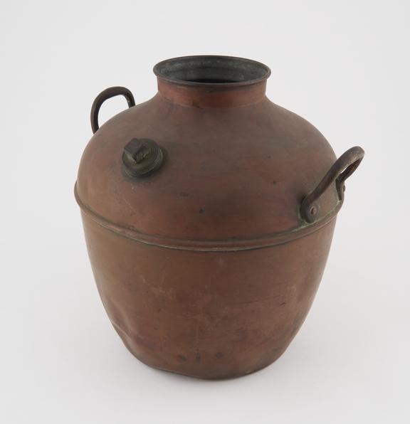 Vessel, copper with brass mounting and stopper on shoulder, C19