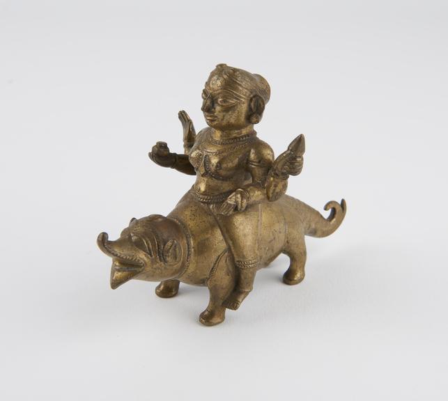 Brass figure, perhaps of the Hindu goddess Ganga on her vehicle