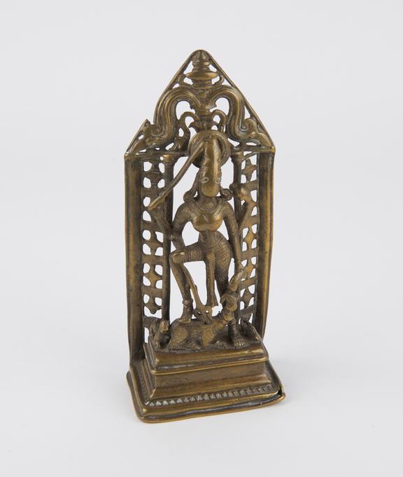 Shrine of Durga slaying Mahisa, brass, West India, 1801-1900