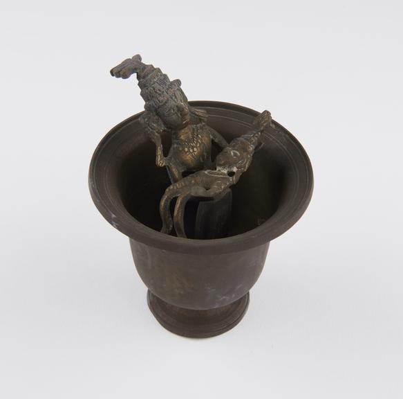 Pilgrim cup showing Krishna being carried across Ganges, brass