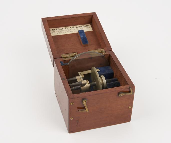 Spherometer and glass test plate in fitted wooden box