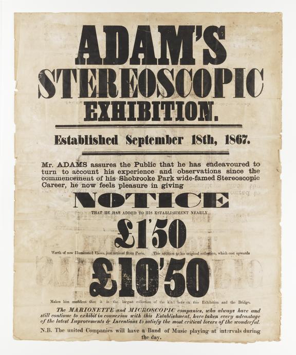 Poster for Adam's Stereoscopic Exhibition in September 1867 in