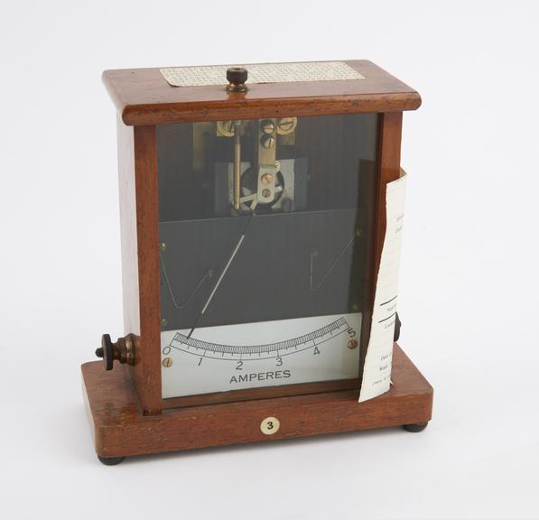 Ammeter, 5A, in mahogany case, for use on a demonstration bench