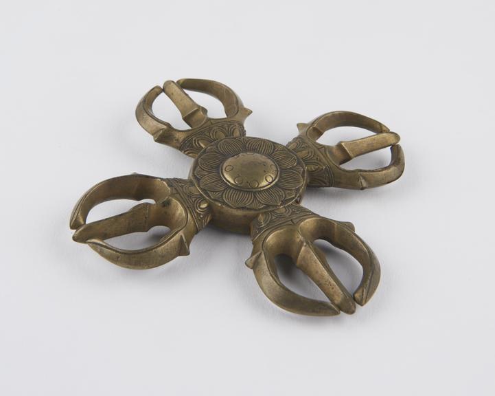 Flat brass double dorge with central lotus flower