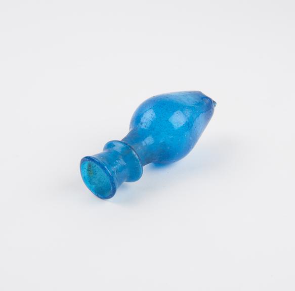 Bright blue glass flask, body piriform, with ridged neck