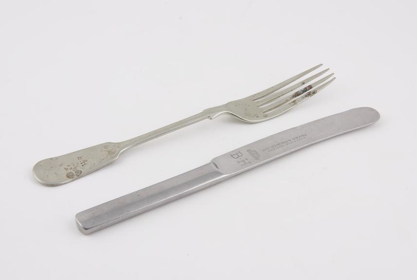 Knife and fork from Kent County Lunatic Asylum, stamped B