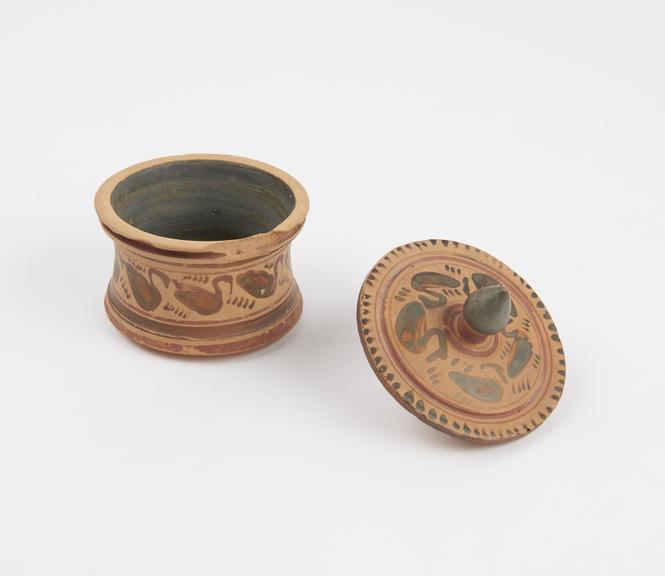 Black figure(?) cylindrical pyxis with lid (boxes)