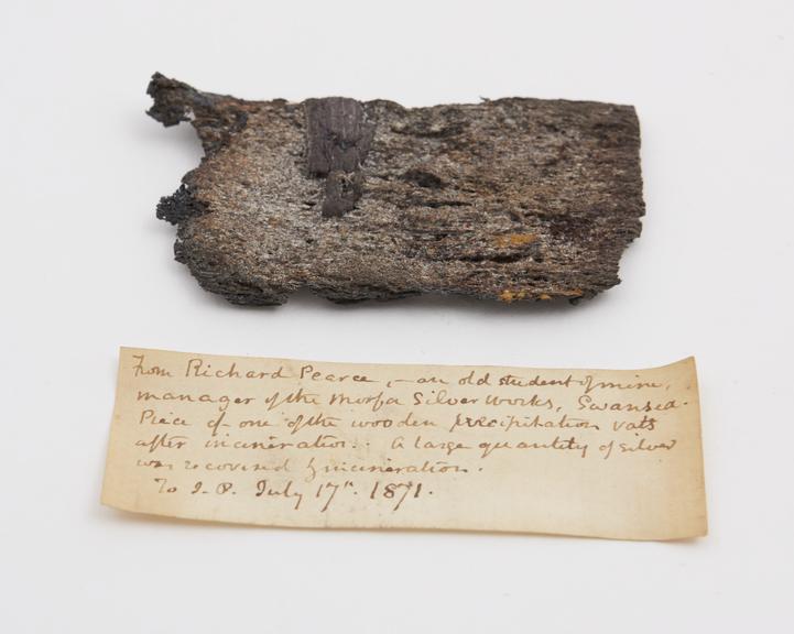 Piece of one of the wooden precipitation vats at Morfa Silver
