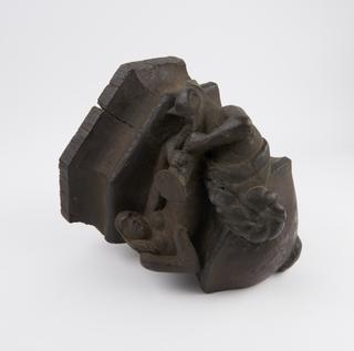 Carved wooden ecclesiastical corner bracket representing devil playing pipes and naked woman