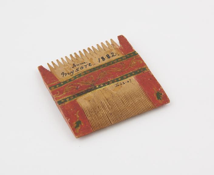 Square double-sided comb, painted polychrome, from Mysore