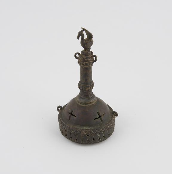Bronze footscraper, and covered bell with handle, Indian