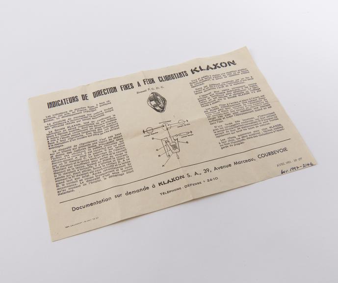 Paper information leaflet for Klaxon 6U 1L Flasher Unit, 1951