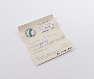 Sales receipt for a Accendisigari Automatic cigarette lighter