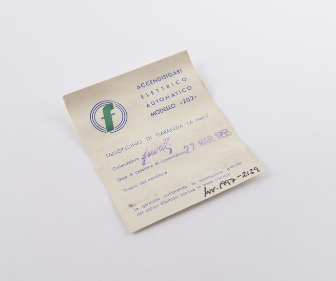 Sales receipt for a Accendisigari Automatic cigarette lighter