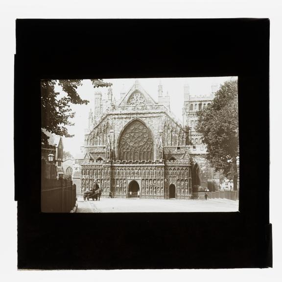 A magic lantern slide showing the west front of Exeter Cathdral